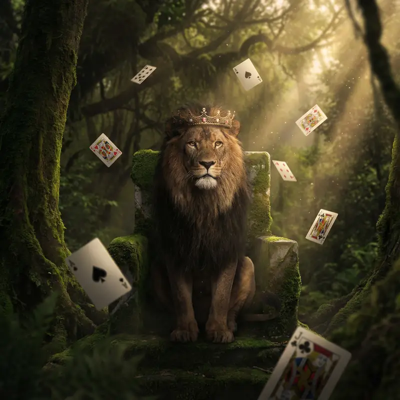 León majestuoso representando el juego de Blackjack en MGM Casino
